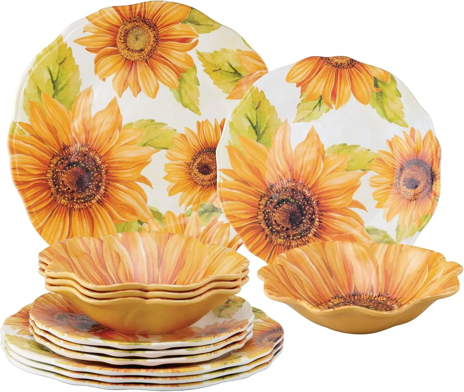 12 Piece Sunflower Melamine Dinnerware Sets, Outdoor Dishes Set, Plates and Bowls Sets, Service for 4, Yellow