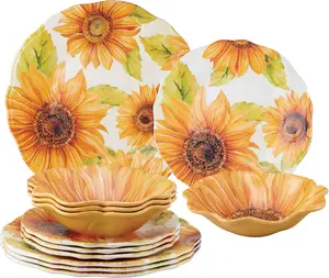 12 Piece Sunflower Melamine Dinnerware Sets, Outdoor Dishes Set, Plates and Bowls Sets, Service for 4, Yellow