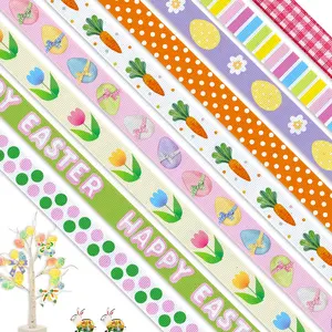 9 Rolls 27 Yards Easter Ribbons, Easter Grosgrain 3/8" Ribbons Spring Colorful Ribbons Flower Eggs Carrot Ribbons Stripe Dot Orange Green Pink Gift Wrapping Ribbons for Easter Party Decorations