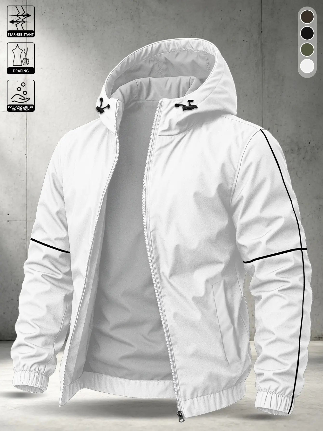 Men’s spring/autumn hooded jacket with white base and black line panels, woven fabric with good drape, single vertical black stripe on sleeves, ribbed cuffs, suitable for motorcycling, street photography, and everyday shopping.