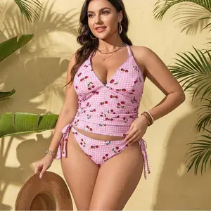 Women's Plus Size 2-Piece Tankini Swimsuits, Cherry Print Retro Gingham Swimwear with Halter Straps, Underwired Tummy Control Bathing Suits for Summer tiktokshopspringglowup