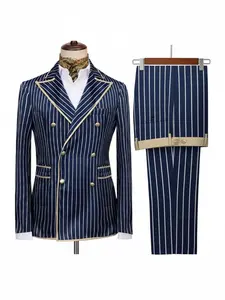 YINK Men's Casual Slim Fit Navy Blue and White Striped Suit Set for Daily Business Commuting and Party Formal Two-Piece Double-Breasted Handsome Suit Set Pocket