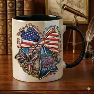 Patriotic Bow Mug 2D Printed 3D Effect Custom Name Ceramic Coffee Cup With American Flag Bow Eagle We The People Liberty Icons For Women 250 Years Of Freedom 2026 Independence Day Gift Keepsake