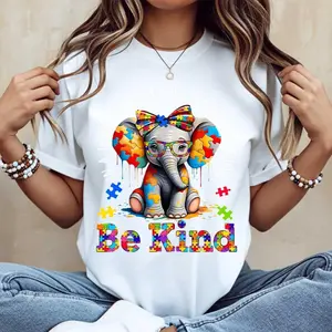 Kind Elephant Puzzle Pieces Be Kind Print T Shirt Casual Crew Neck Wear for Women and Girls