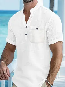 Men'S Lightweight Breathable Rayon Shirt - Summer Beach & Casual Wear, Solid Color Gray, Short Sleeve with Notch Collar & Button Detail, Perfect for Outdoor Activities and Casual Attire, Beach Shirt
