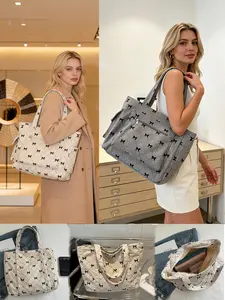 Printed Tote Bag with Bow Design – Large Capacity Multi-Pocket Women’s Shoulder Bag, Lightweight & Durable for Commute, Shopping, Travel & School