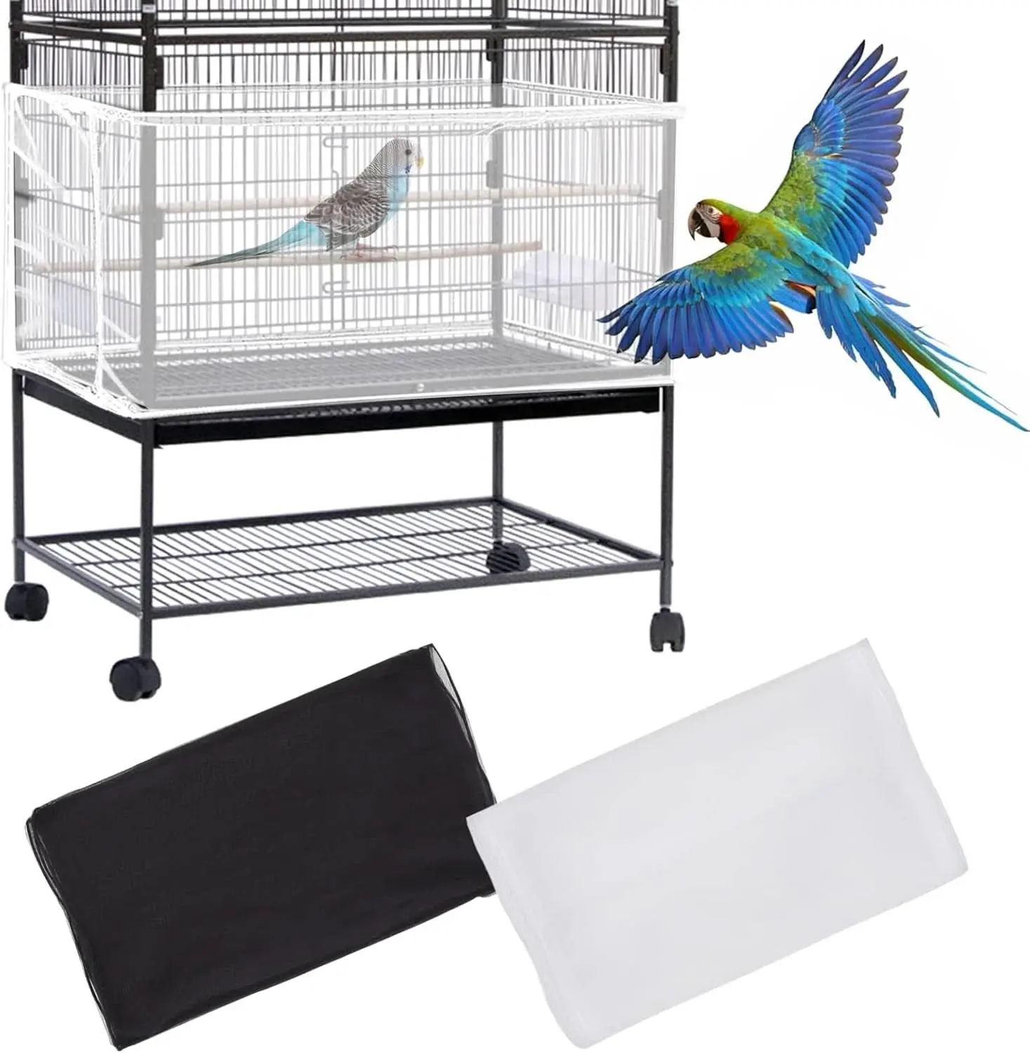 Set of 2 Large Bird Cage Covers, Adjustable Parrot Nylon Soft Mesh Net, Universal Seed and Feather Catcher, Sheer Guard Skirt for Round and Square Cages for Parakeets and Macaws