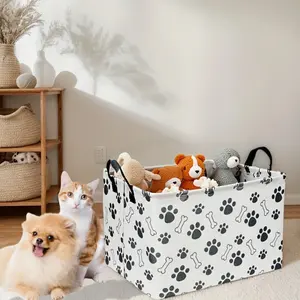 Foldable Storage Basket with Handles, Paw Print Design, Durable Polyester Organizer Bin, Home Decor, Pet Storage Basket