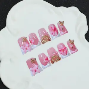 10 square handmade nail tips, Y2K Baddie style, 3D, heart-shaped, embossed, butterfly, carved, hand-painted design, nail art patches, pink, suitable for women's nail stickers, dating, daily wear shiny nails, including tool kit