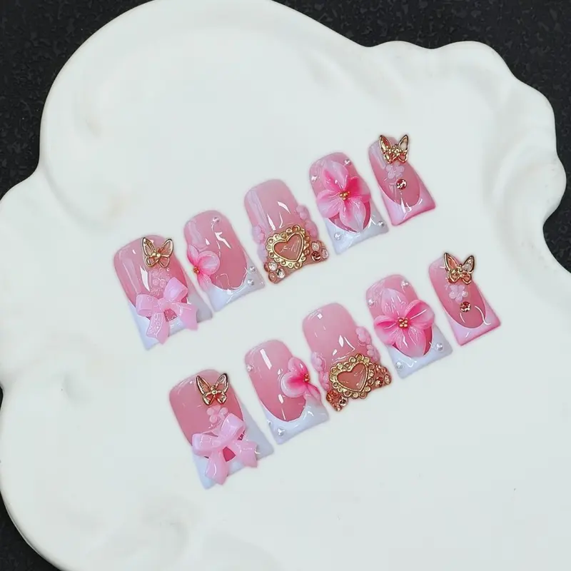 10 square handmade nail tips, Fake Nails, Y2K Baddie style, 3D, heart-shaped, embossed, carved, hand-painted design, nail art patches, Diy Nails Art, pink, suitable for dating, daily wear, including tool kit