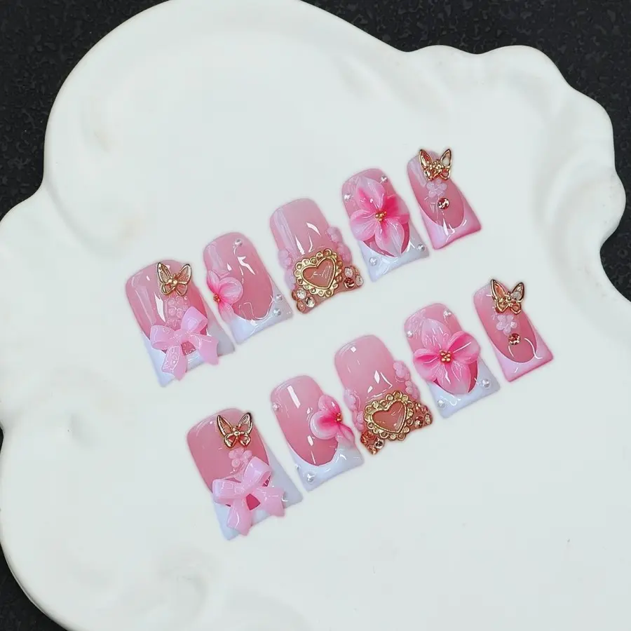 10 square handmade nail tips, Y2K Baddie style, 3D, heart-shaped, embossed, butterfly, carved, hand-painted design, nail art patches, Diy Nails Art, pink, suitable for women's nail stickers, dating, daily wear shiny nails, including tool kit