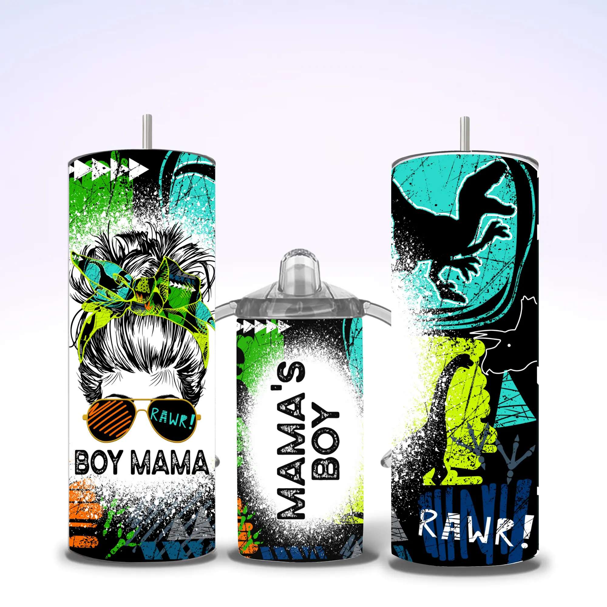 Fun 'N Sun Creations Mama's Boy Sippy Cup & Boy Mama Cup Set 12oz Kids Sippy Cup with Lid & Straw 20oz Tumbler for Mom Matching Dinosaur Cups Moms Flask Reusable Drinkware Bottle Sturdy Bottled Portable Washable