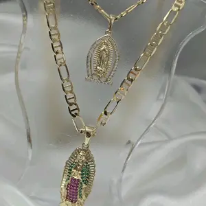 Variery Cadena Dorada Figaro with Virgin Guadalupe Pendant 17 & Virgen Color 17.5 Inches Necklace for Women