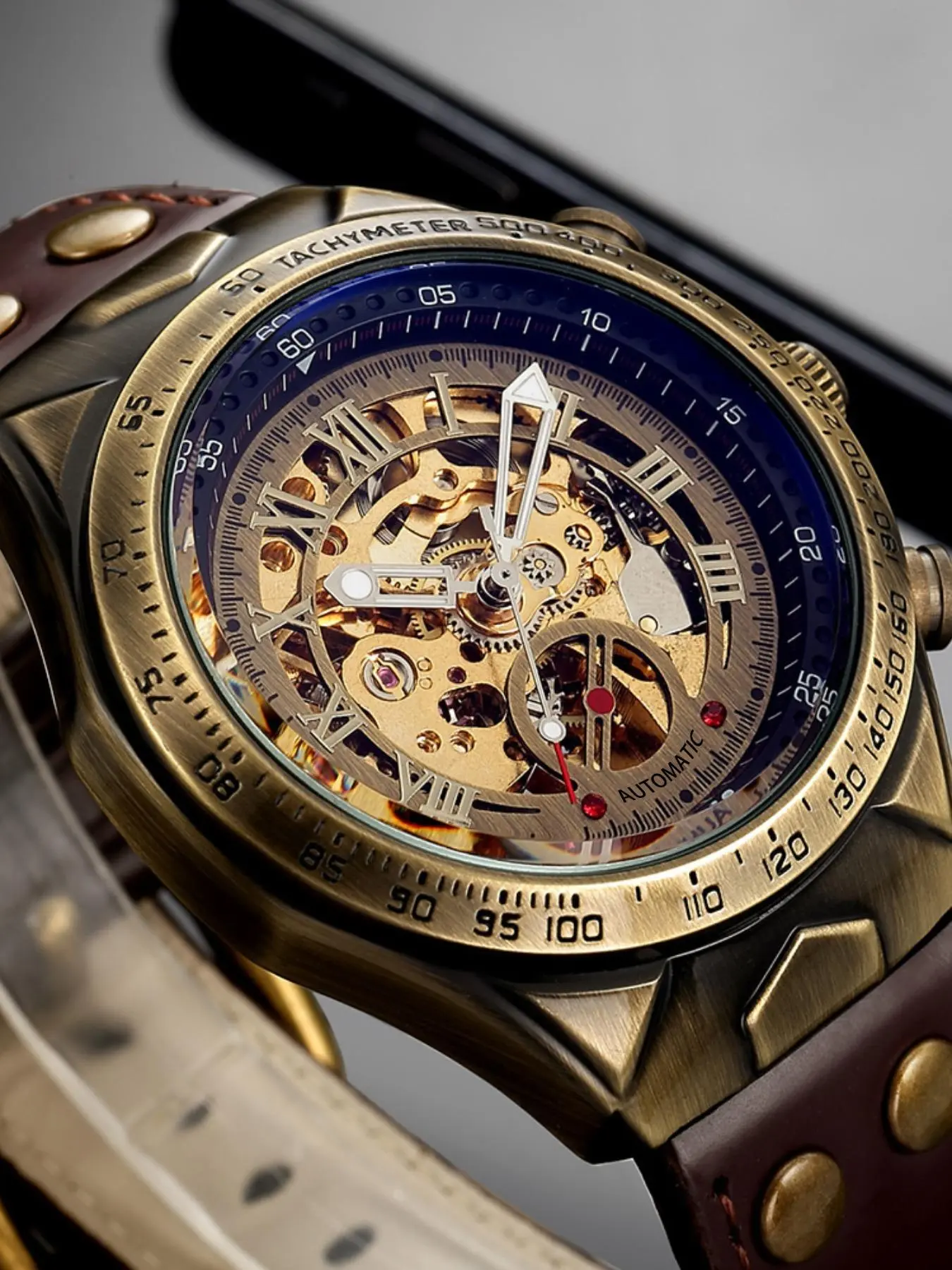 Men's Vintage Mechanical Watch, Fashion Skeleton Automatic Watch for Party, Daily Clothing Decor, Fashionable Stylish Watch, Trendy All-match & Exquisite Watch for Gift with Box, Self Winding Watches, Mechanical Style Watches, Mechanical Wristwatches