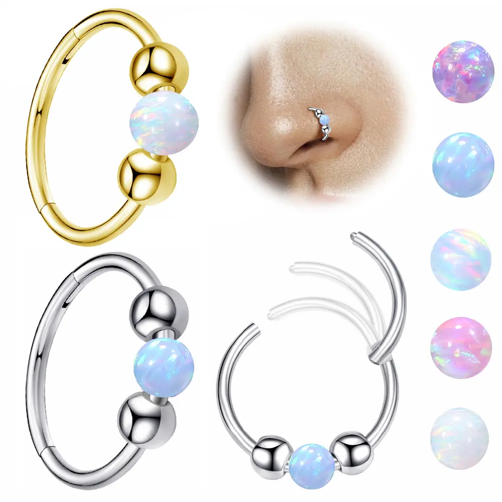 Unisex Small Round Hoop Nose Jewelry - Cartilage Earring, Septum Pierced Ring with Gold, Silver, Opal Beads - Fashion Body Accessories Nose Rings Hoops