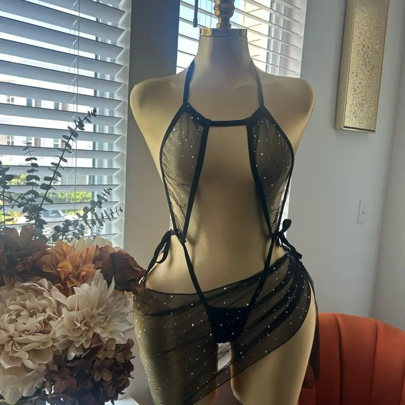 Backless 2pc Mesh See Through Set - Black Top for Women's Clothes Lingerie Comfort brief set Lusty Lace Corset Sexy Two-Piece Matching Womenswear