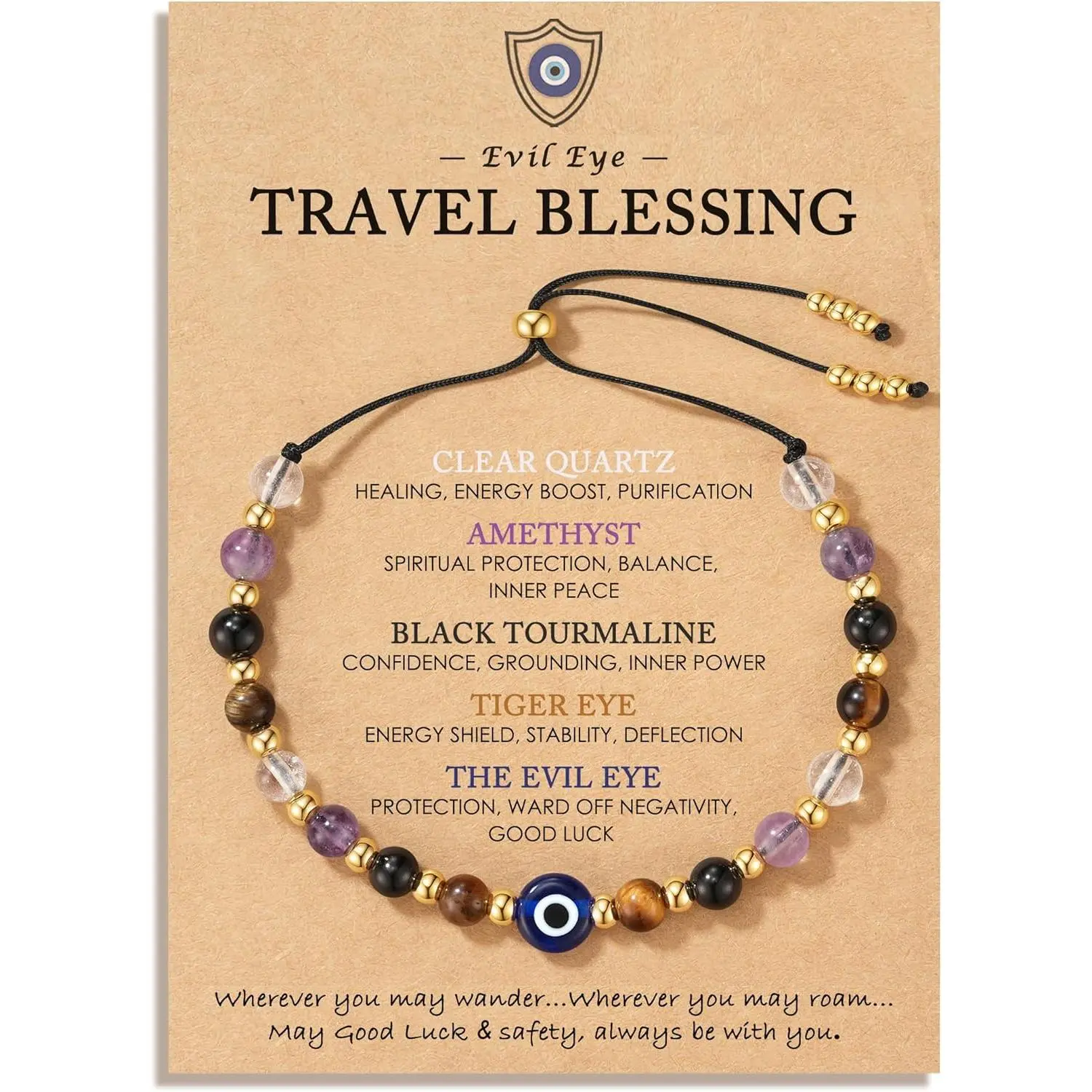 Evil Eye Crystal Bracelet for Women, Spiritual Beaded Jewelry with Tiger Eye & Natural Gemstones for Travel Protection & Confidence, Adjustable, Female, Adults, Handcrafted, Daily, Energy Boost, Crystal Charm, Authentic Gems, 10.2" Cord, Pure Stones, No
