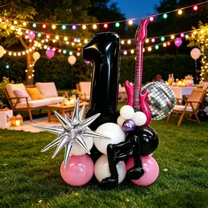 28-Piece K-Pop Disco Theme Number Balloons Set, Includes Numbers 0-9, Guitar, Silver Color Disco Ball, Party Decorations