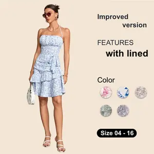 Summer Dresses for Women,Tie Backless Mini Dress,Halter Dress,Floral Print Short Dresses,Ruffle Trim Casual Sun Dresses ,Floral Print Ruffle Trim Tie Backless Halter Dresses For Teens Womenswear Underwear