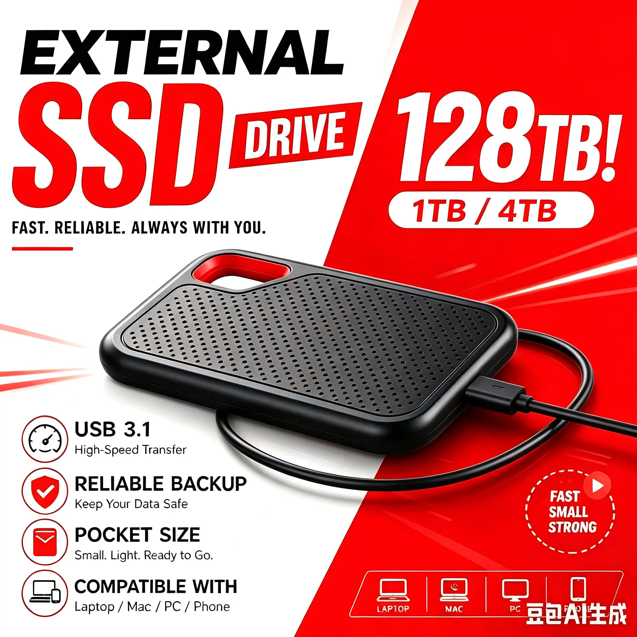 2TB Portable SSD 4TB External Hard Drive USB C High Speed Mobile Data Storage