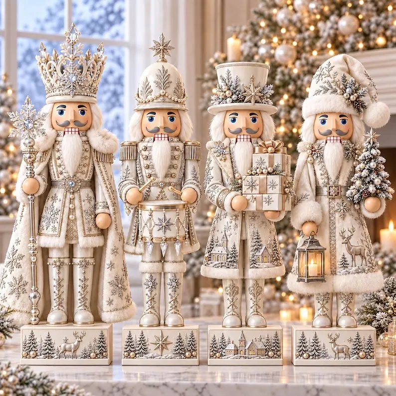 1pcs White Christmas Nutcracker Wooden Block, Elegant Winter Soldier Shelf Decor, Neutral Holiday Figurine, Festive Holiday Shelf Mantel Tabletop Decor, Christmas Decor for Home, Christmas Decor 2026