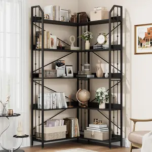 Garvee 182cm Corner Bookshelf, L-Shaped 5-Tier Industrial Bookshelf with Bead Decoration, Large Shelf with Anti-Tip Protection for Living Room and Bedroom, Black