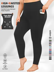 Plus Size Solid High Waist Sports Comfy Leggings with Pocket, Summer Outfits, Casual High Stretch Skinny Pants for Women, Soft Comfortable Women's Bottoms for All Seasons