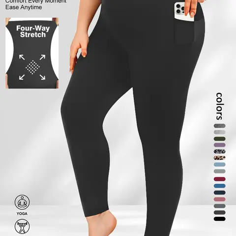 Plus Size Solid High Waist Sports Comfy Gym Workout Leggings with Pocket, Summer Outfits, Casual High Stretch Skinny Pants for Women, Soft Comfortable Women's Bottoms for All Seasons, Stretchy Workout Leggings