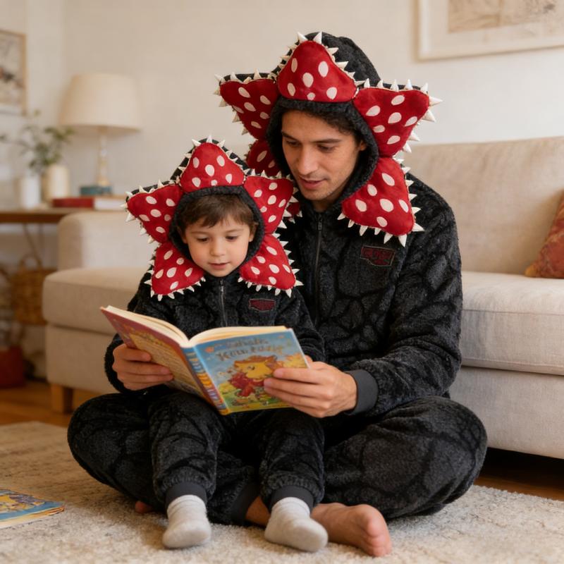 Stranger Things Demogorgon Onesie Fleece Fabric Cosplay Costume Pajamas Kids Adults Hooded Jumpsuit Christmas New Year Sleepwear for Boys and Gilrs Upside Pjs