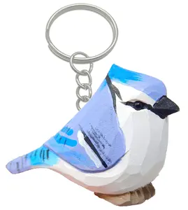 Blue Jay Keychain Ring Hook Clip Crested Jaybird Bird Charm Miniature Wood Mini Figurine Small Animal