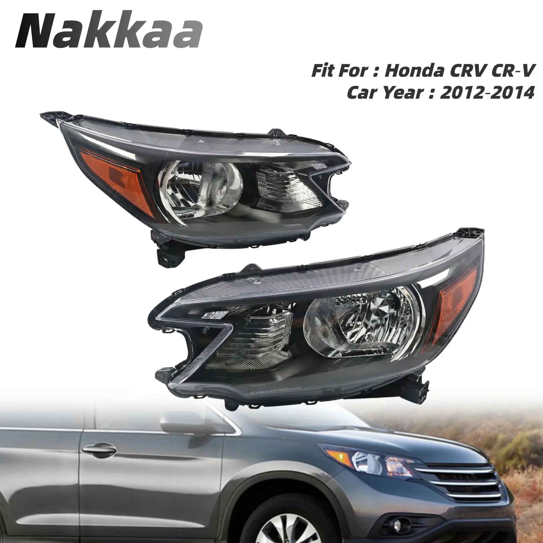 Nakkaa Direct Fit Car Headlights for 2012-2014 Honda CR-V, Black High-Impact Housing Clear Lens 12V Halogen Assembly with Bulb (Left/Right), DOT SAE Approved Headlight Replacement for Fog & Rain Clarity