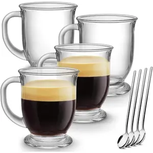 Set of 4 Clear Large 15 Oz Glass Coffee Mugs With Handles for Hot Beverages, Suitable for Tea, Cappuccino, Latte, Espresso, Juice