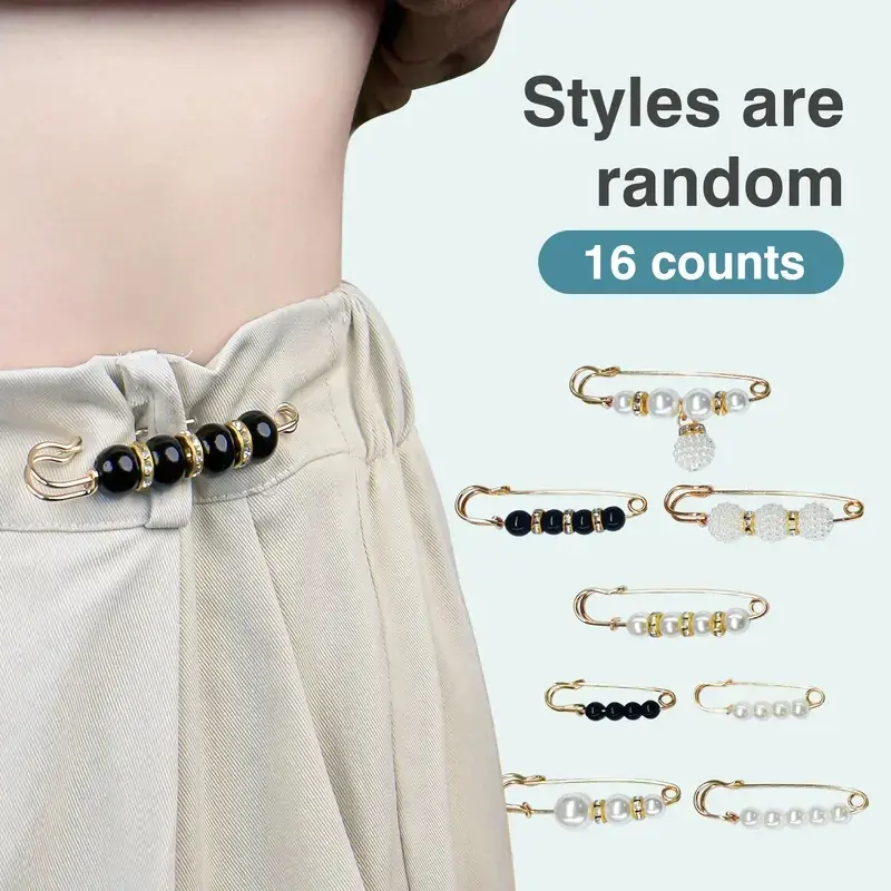 16PCS Exquisite Fashion Pearl Brooch Set - 5.5cm Alloy Metal Pins with Multiple Styles, Adjustable No-Sew Clips for Female Use, Home & Festive Supplies with Pearl Accents