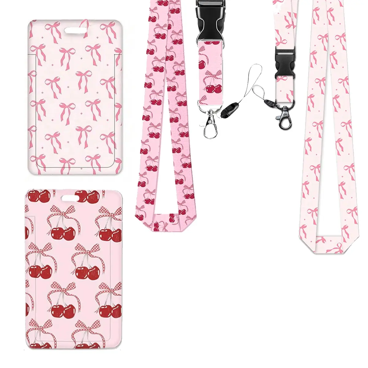 Cherry Bow ID Personalized Lanyard Set, Lanyards with ID Holder, Detachable Office Card Holder, Vertical Push-Open Badge Case, Nurse Teacher Volunteer Gift