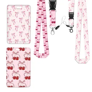 Cherry Bow ID Personalized Lanyard Set, Lanyards with ID Holder, Detachable Office Card Holder, Vertical Push-Open Badge Case, Nurse Teacher Volunteer Gift