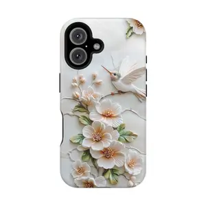 White Hummingbird and Floral Magsafe Case Applicable to iP15Promax ip14Pro mobile phone case 12 trendy brand 13 anti-fall cover 14Promax 15Pro cute Plus phonecase Accessories Acrylic casetify