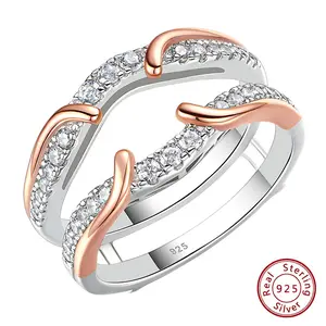 Genuine 925 Sterling Silver Romantic Rose Gold Guard Enhancer Rings for Engagement Cubic Zircon Wedding Band Jewelry #Love Story