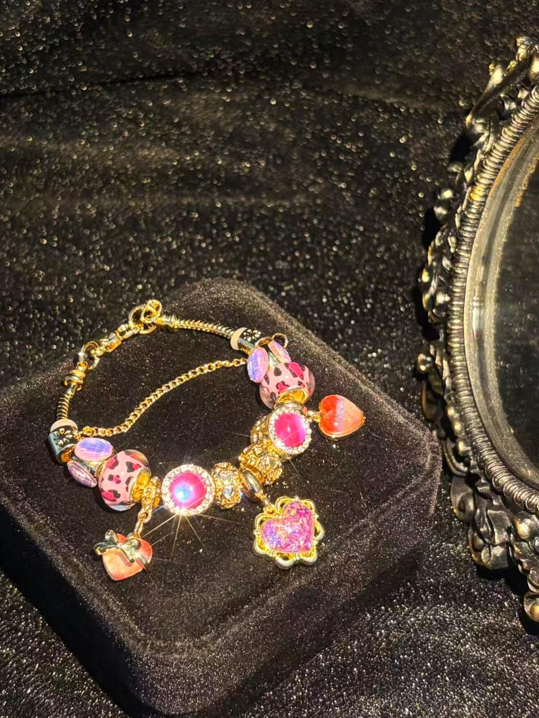 Women's Gold-Tone Stackable Adjustable Bracelet - Pink Leopard Print Beads, Glitter Heart Pendant, Bright Pink Rhinestone Charms - Fashion Statement Jewelry Gift
