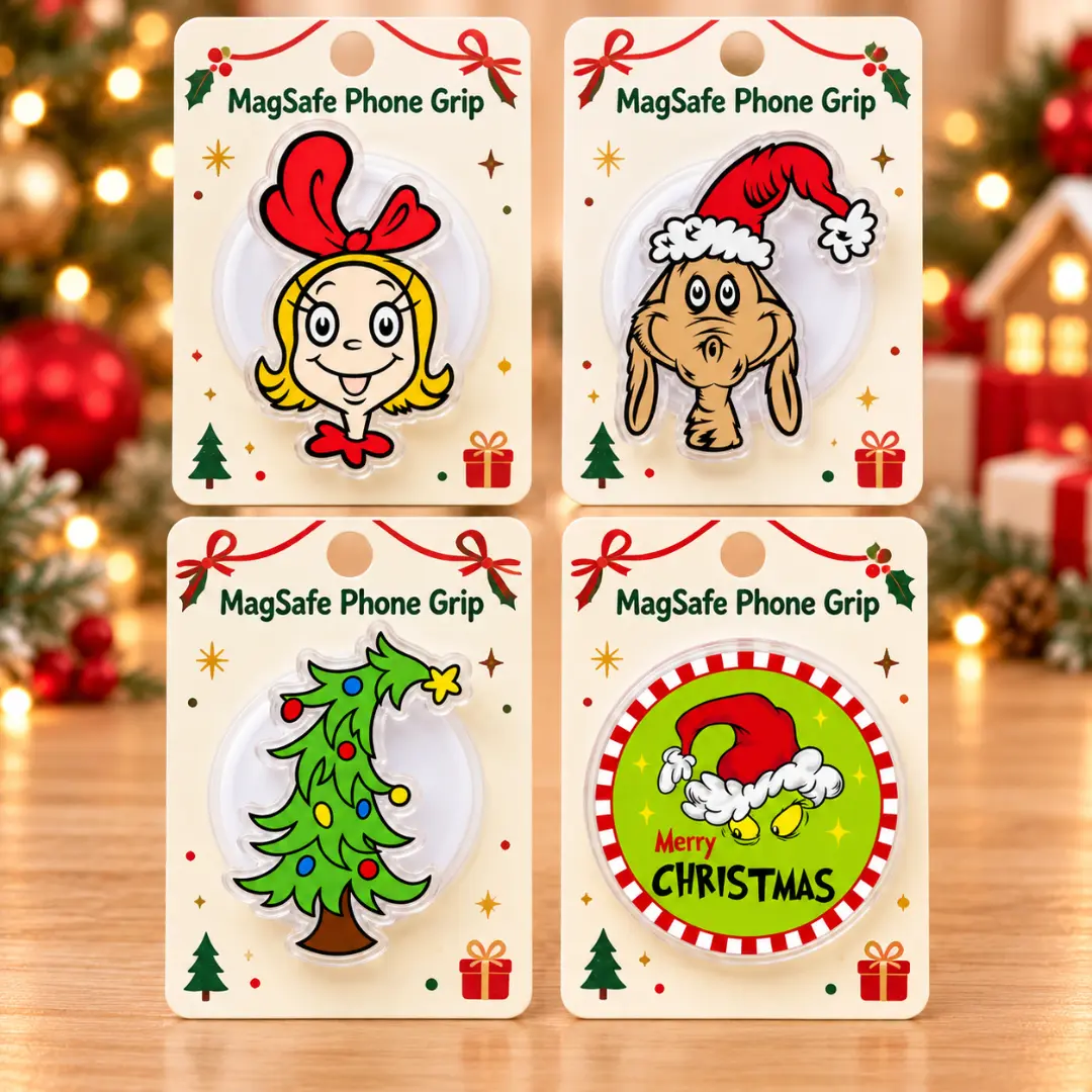 Cute Christmas Character Phone Grip Crooked Tree Santa Hat Dog Girl Bow Holder Stand MagSafe Compatible Festive Gift Idea