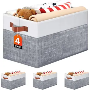 Collapsible Storage Baskets for Shelves, 14"x10", 4 Pack Foldable Fabric Storage Bins with Double Leather Handles, Large Baskets for Organizing Books Clothes, White & Grey