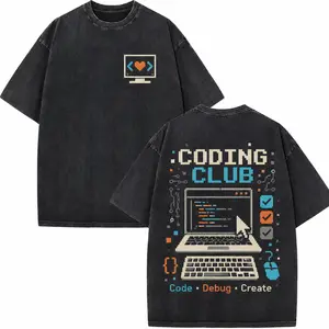 Retro Washed Coding Club Code Debug Create Oversized Tee, Pixel Laptop Computer Programmer Graphic, Unisex Soft Cotton Tech Student Back To School Top