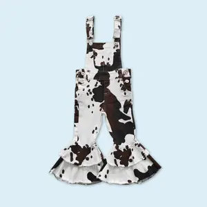 Cow print ruffle bell bottom girls denim overalls
