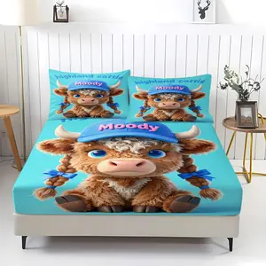 Moody Cow Pattern Fitted Sheet, Comfortable Printed Design, Includes 1 Bedsheet And 2 Pillowcases, Cozy Bedding, Bedroom Decor Gift