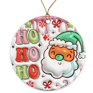 Cute Santa Ornament, Ho Ho Ho Holiday Decor, Fun Christmas Ornament for Kids, Santa Claus Tree Decoration Ceramic Ornament - 3 Inch Christmas Tree Round Ornament - Xmas Holiday Decor - String Included - ORNW0141