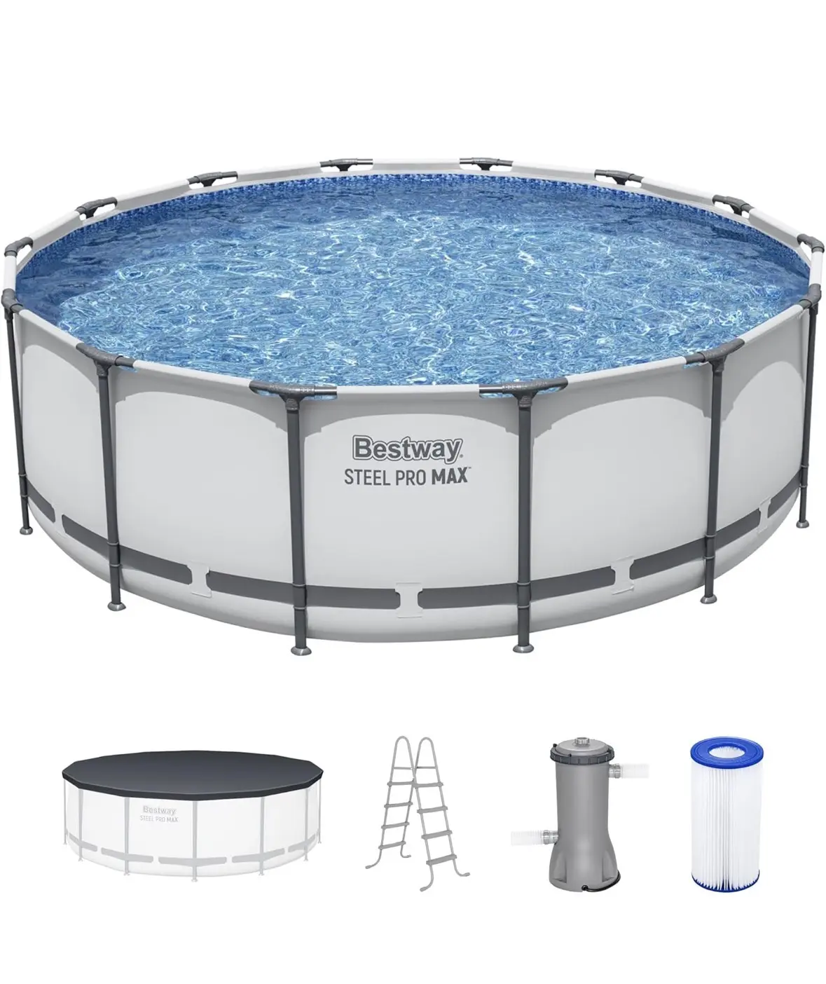 Bestway Steel Pro MAX 14' x 48" Above Ground Pool, Round Metal Frame Outdoor Swimming Pool Set with Filter Pump, Ladder, and Cover, Gray