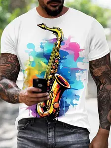 Men's Watercolor Saxophone T-Shirt, Music Art Style Short Sleeve, Casual Fitted Top, Daily Wear Fashion Men's Clothing