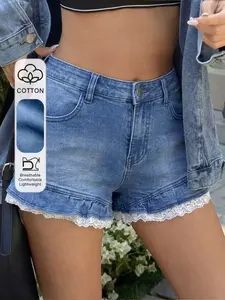 Women's Fashion Soft Washed Denim Shorts, Hem Ruffle, Patchwork Lace Design, Cute, Comfortable Fit, Home & Leisure, Trendy Event, 2026ss