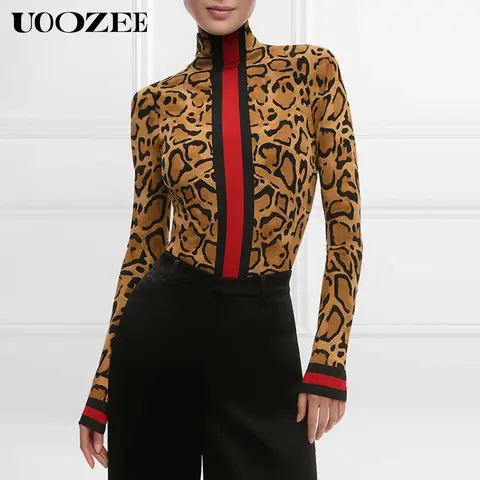 UOOZEE Women's High Neck Spandex Casual Blouse - Retro Leopard Print, Striped Contrast Binding, Skinny Cut, Sleek Lines, Foldable, Medium Length, Colorblock Design, Stretchy, for Commuting, S Size Note, Women's Tops, All Seasons Basic Long Sleeve Blouses