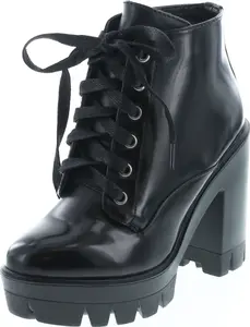 Women Lace Up Chunky Heel Lug Sole Platform Combat Ankle Bootie