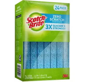 Scotch-Brite Zero Scratch Scrub Sponges Blue 24 Count Durable 3X Quicker Stronger 4.4in x 2.6in x 0.7in EA Cleaning Pack for Gentle Cleaning